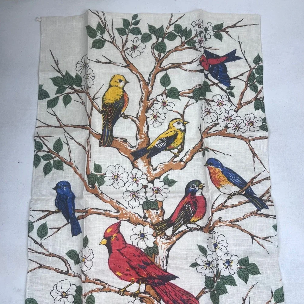 Parisian Prints Pure Linen Tea Towel Vintage Bird Songbird Floral Made in USA